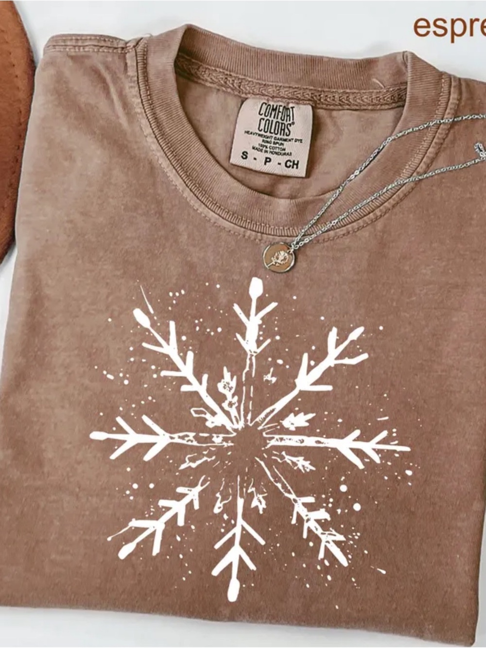 Comfort Colors Espresso Short Sleeve Tee with White Snowflake Graphic
